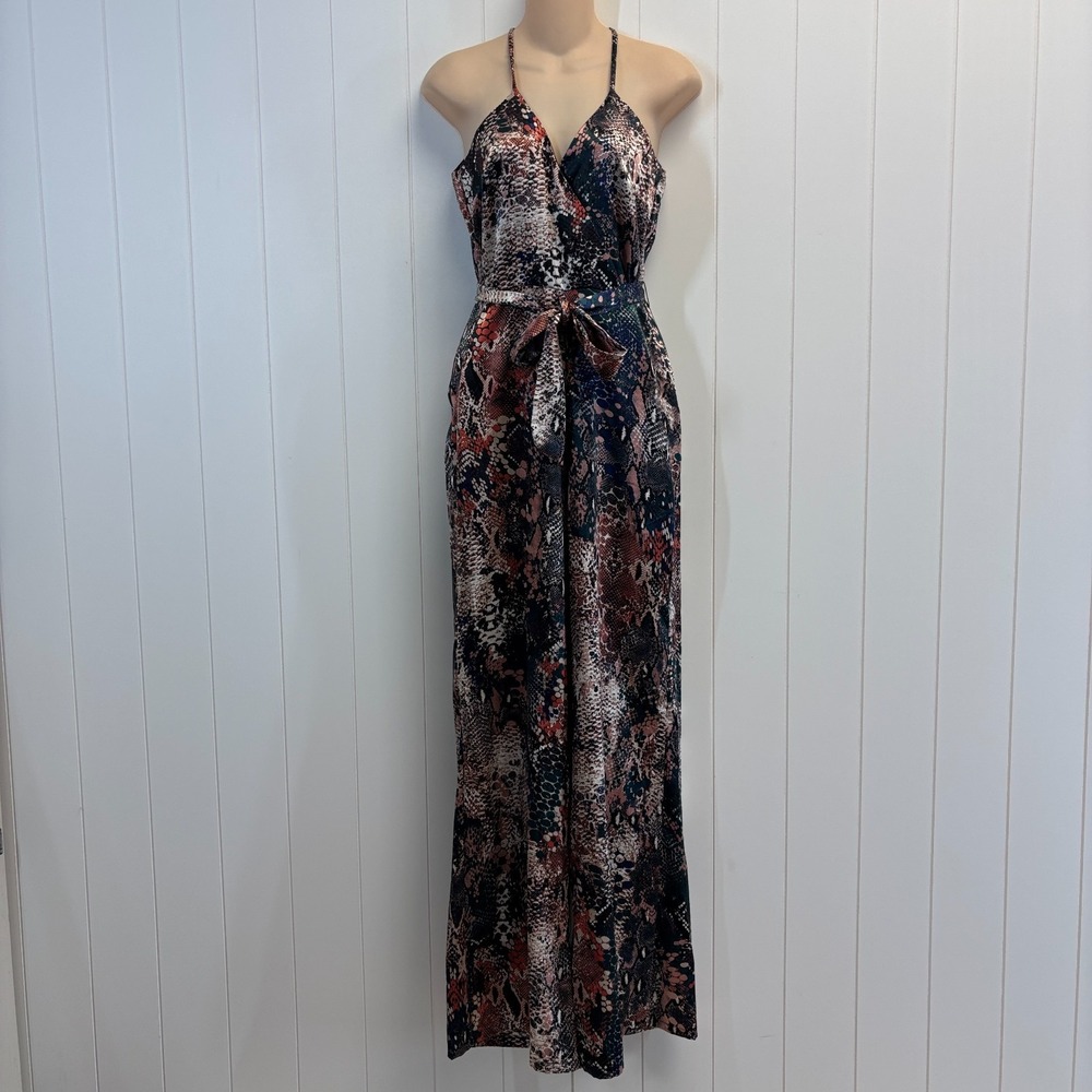 Dress Code LA Womens Clubwear Disco Satin Snakeskin Print Jumpsuit Size S NYE